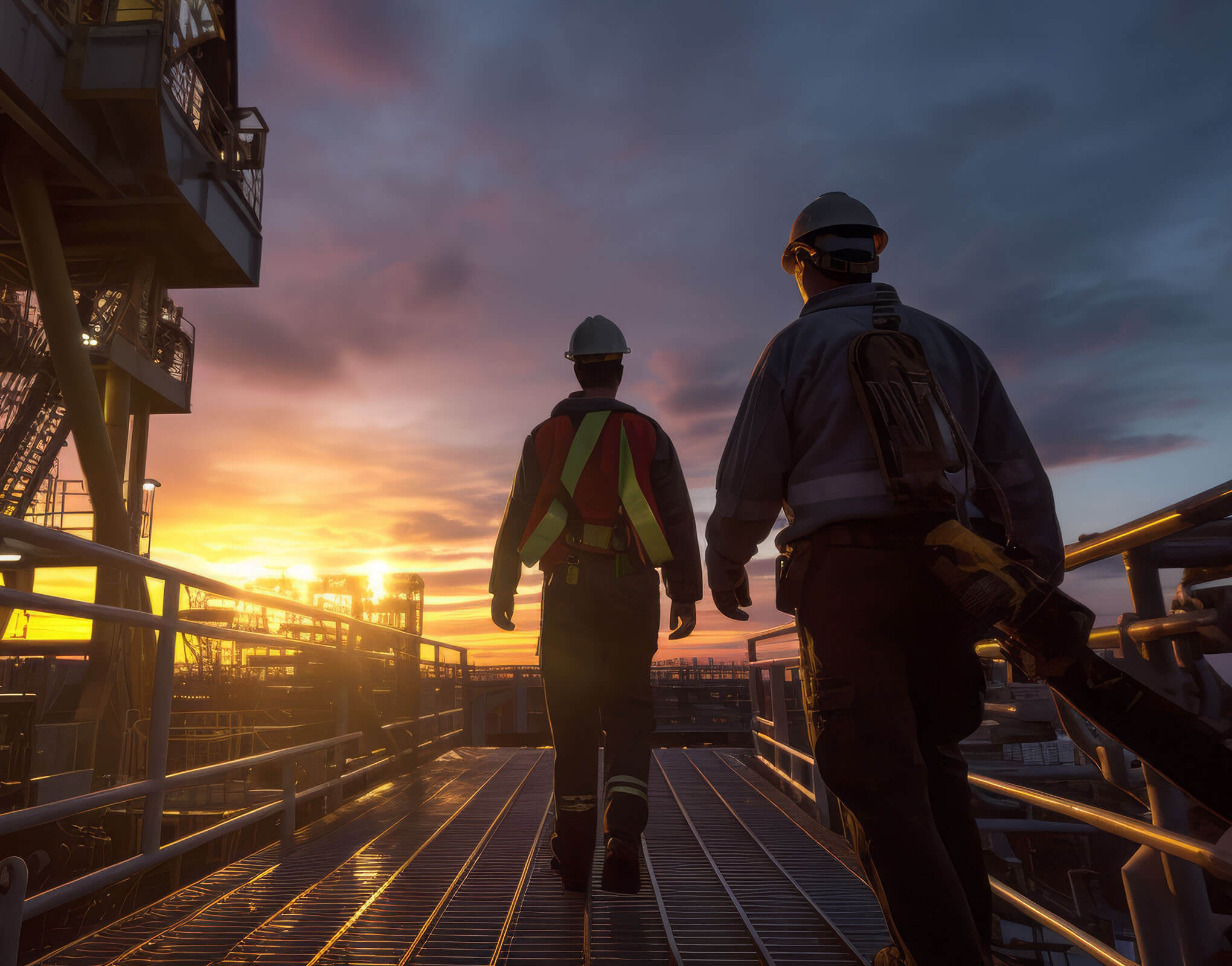 Enigneers Walking into the Sunset on a Fuel Refinery