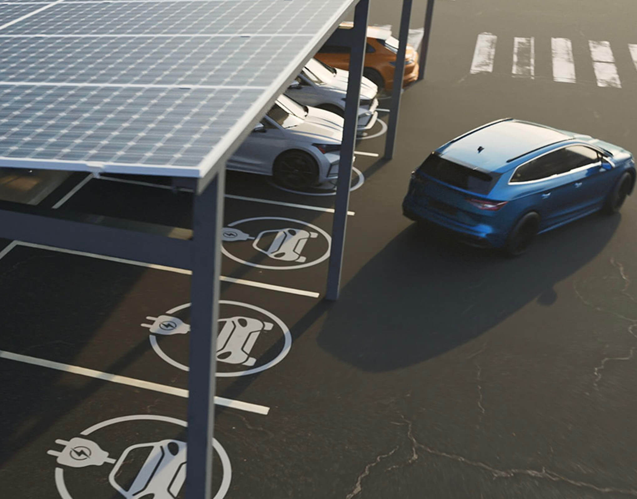 EV charging station with solar panels roof above cars