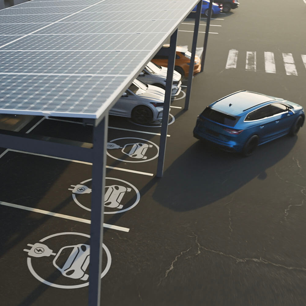 ev-charger-station-with-solar-panel-roof Ev charger station with solar panels above charging cars