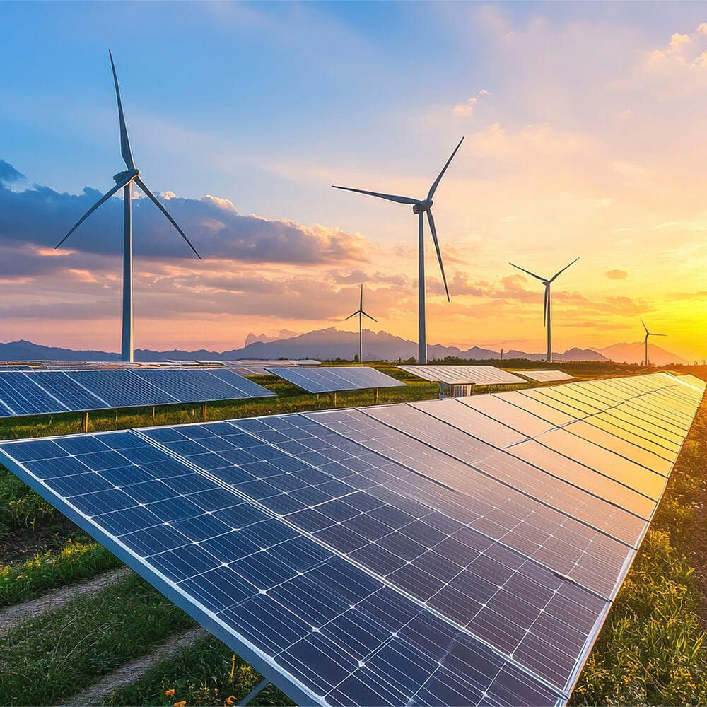 tilted-solar-panels-with-wind-farm-and-sun-in-background Tilted solar panels with wind farm and sun in the background